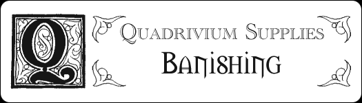 Quadrivium Supplies Banishing Ritual Oil label, design by Amy Crook, all rights reserved